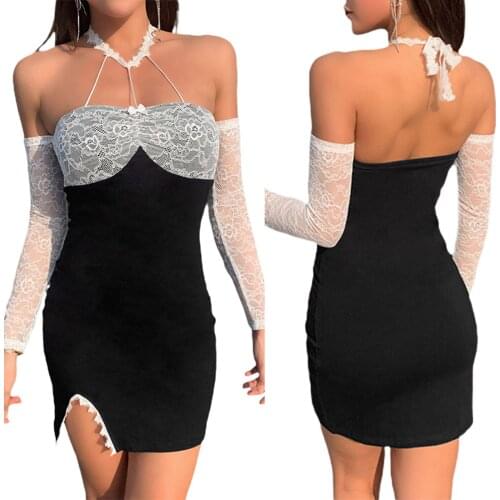 Dark wind hanging neck womens sexy split fashion off shoulder Long Sleeve Dress Lace splicing sleeve suspender skirt