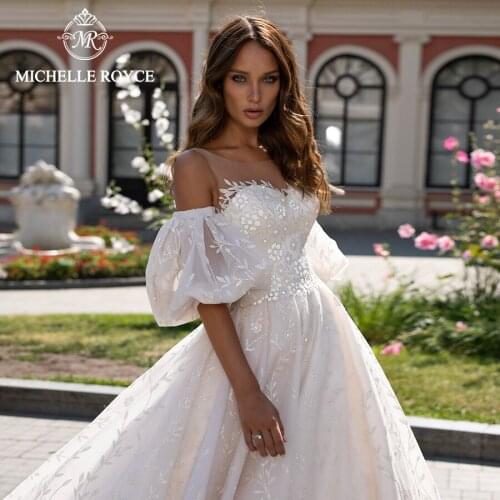 Michelle Royce A-Ling Wedding Dresses 2020 Sexy Scoop lantern Sleeve Appliques Button Chapel Train Bridal Gowns Vestido De Noiva