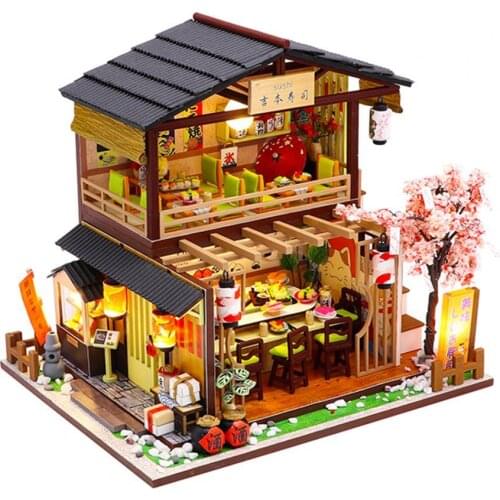 1Set Dollhouse with LED Bulb DIY Creation Wooded Japanese Sushi Restaurant Dollhouse for Children