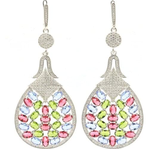 82x35mm Multi Color Long Big Heavy 30g Created Rhodolite Garnet Violet Tanzanite Peridot CZ Gift For Women Silver Earrings