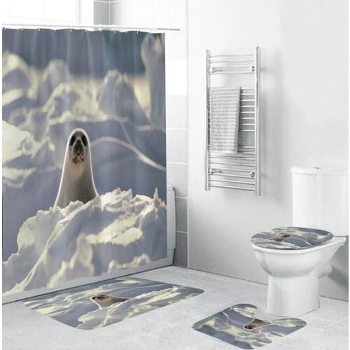 Snow-white Glacier Seals Animals Shower Curtains Polyester Fabric Bathroom Curtain Non-Slip Rugs Toilet Lid Cover Mat Carpet Set