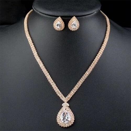 2021 water drop zircon long pendant all crystal silver plated necklace and Earrings elegant bride wedding jewelry set wholesale