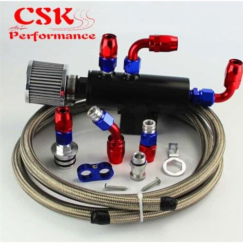 Oil Catch Can Reservoir Breather Filter Hose Fittings Kit For Honda Acura VTEC Black / Silver