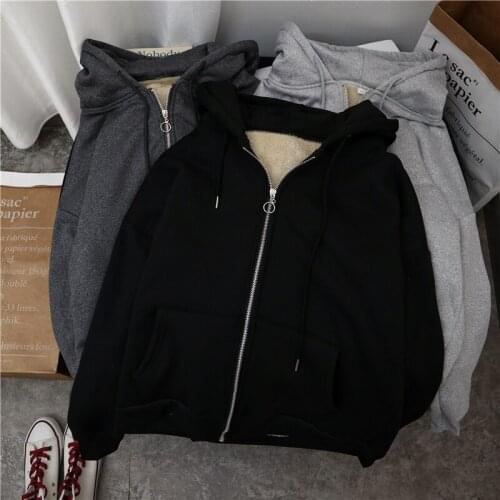 Fashion Lamb Wool Zipper Oversize Winter Hoodie Harajuku Korean Style Streetwear Casual Cotton Sweatshirt Zipper Tracksuit Women