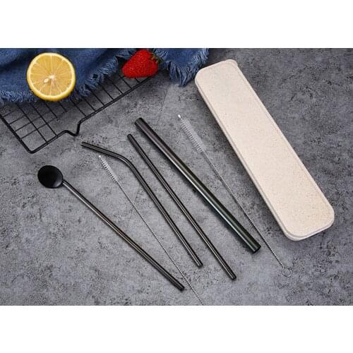 Stainless Steel Eco-Friendly 7pcs Straw Spoon Drink Straw Set, With Carrying Case + 2 Cleaning Brush, Reusable Straw Accessories