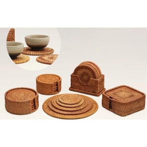 Rattan Weave Cup Mat Set Drink Coasters Round Pot Pad Table Dish Placemat Home Decoration Insulation Handmade 6 Sizes Optional
