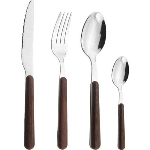 Silver Mirror Dinnerware Set Wood Handle Stainless Steel Cutlery Set 4 Pcs Tableware Dinner Knife Fork Teaspoons Fork Flatware
