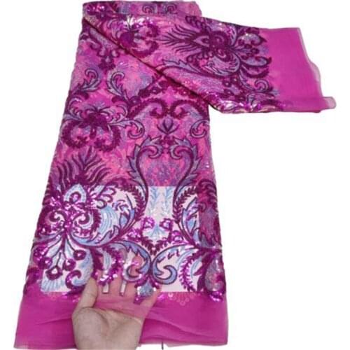 High Quality Nigerian Lace Fabric Embroidered French African Sequins Lace Fabric Weaving Design Fuchsia Sequins Lace Fabric