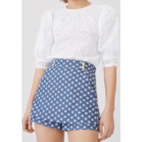 Summer French Slim High-waisted Fashion Blue Stars Embroidery Cotton Mini Skirt Shorts Female New Designed Straight Skirts ML099
