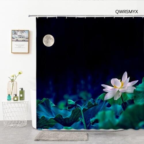 Lotus Pond In The Moonlight Shower Curtains Plant Flowers Bath Curtain Accessories Home Background Wall Decor Bathroom Products