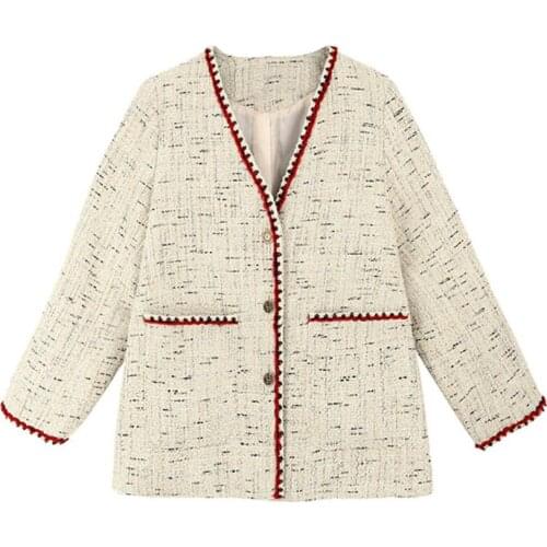 PERHAPS U Women Apricot Tweed Jacket V Neck Long Sleeve Button Pocket Coat Small Fragrance Style C0199