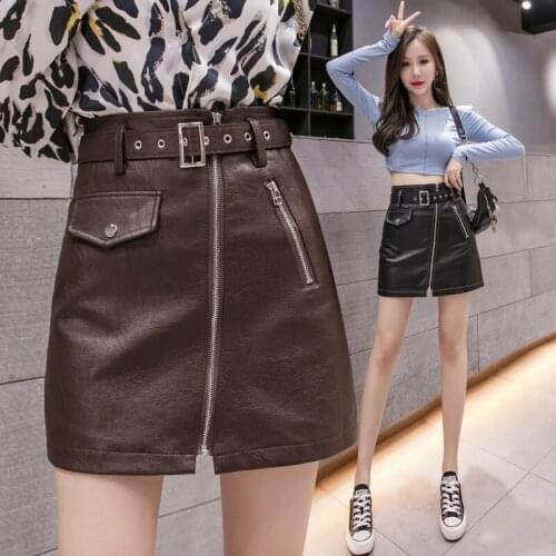 Women PU Zipper Skirt Ladies Solid Formal Above Knee Mini Empire Fashion Skirts