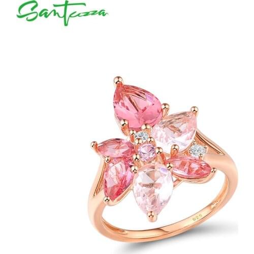 SANTUZZA Silver Rings For Women 925 Sterling Silver Gorgeous Pink Stones Rings Female Fancy Bague Bijoux Fashion Fine Jewelry