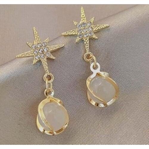 VSnow Vintage Bling Bling Star Rhinestones Dangle Earrings for Women Girl Korean Opals Gold Color Metallic Earrings Pendientes