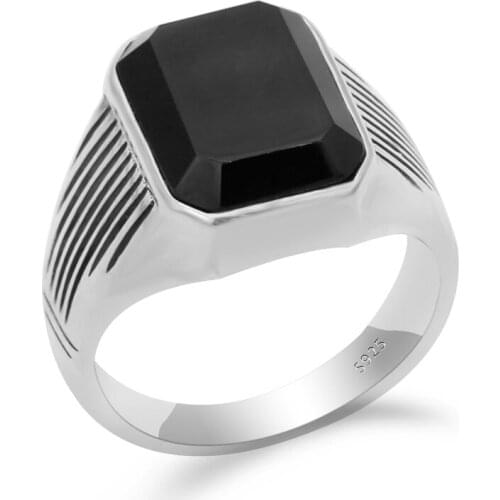New Arrival 925 Sterling Silver Women Ring with Natural Black Onyx Stone Geometric Ring for Female Thai Silver Turkish Jewelry