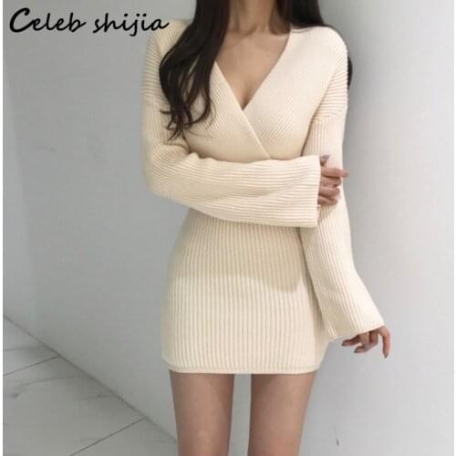 SHIJIA V-neck Apricot Knitted Dress Woman Autumn Winter Korean Sexy Mini Dress Sweater Female 2021 Fall Black Knitting Clothing