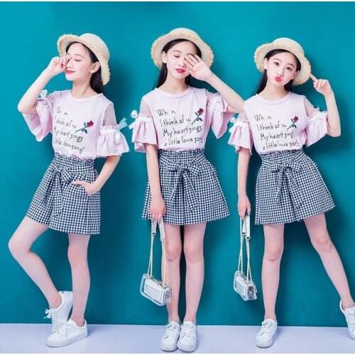 Kids Clothes Letter Tshirt + Plaid Skirt Clothing For Girls 2021 Summer Clothes Girl Teenage Tracksuit Kids 6 8 10 12 14