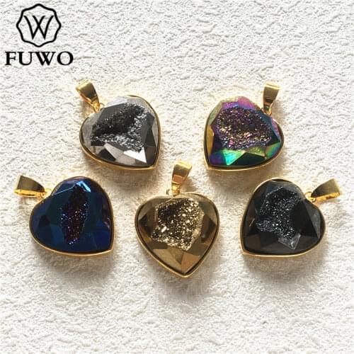 FUWO Fashion Rainbow Heart Shape Druzy Pendant Faceted Aura Connector Quartz With Gold Bezel Trimmed For Jewelry Making PD245