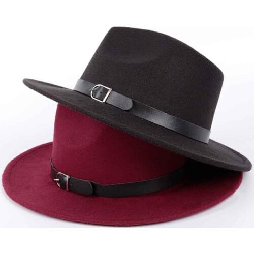 Classic British Fedora Hat Wide Brim 8CM Men Women Imitation Woolen Winter Felt Hats Fashion Jazz Hat With Black Leather Buckle