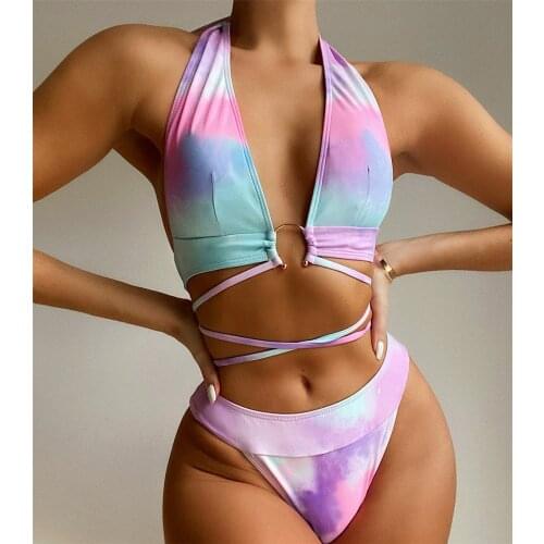 Purple Tie Dye Halter Bikinis Set Swimwear High Waist Women Swimsuits Backless Bandag Bathing Suit Biquinis Bikini 2021 Mujer