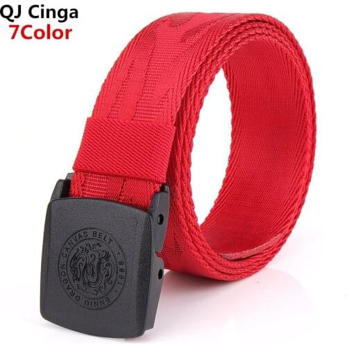 Red Jacquard Dragon Pattern Canvas Belt Mens Plastic Buckle Fashion Hot Sale Belt Black Blue Green Khaki Cinturon 100cm-125cm