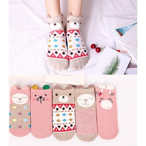5Pairs Spring New Arrivl Women Cotton Socks Pink Cute Ankle Socks Short Socks Lattice Bear Casual Animal Ear Gril Socks 35-40
