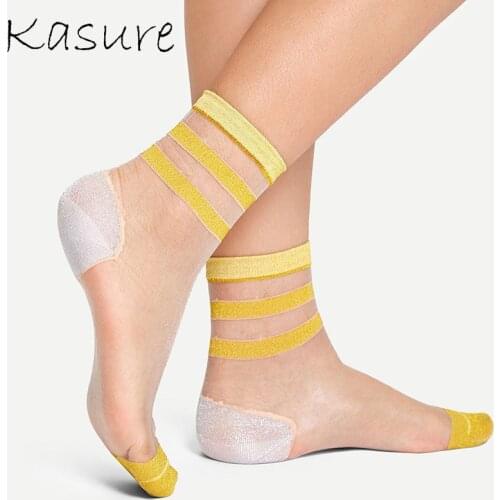 KASURE New spring Summer Fashion Candy Color Thin Mesh Tulle Ankle Socks With Stripe On Top Transparent Ultrathin Elastic Sock