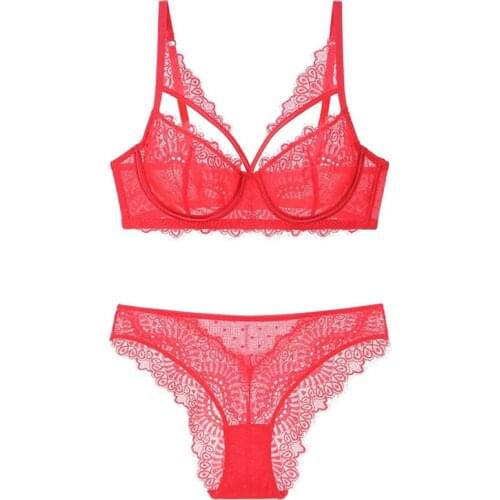 New Plus Size B C D Cup Bra Set Sexy Lace Ultrathin Women Underwear Summer Transparent cross female lingerie Bras and Panties
