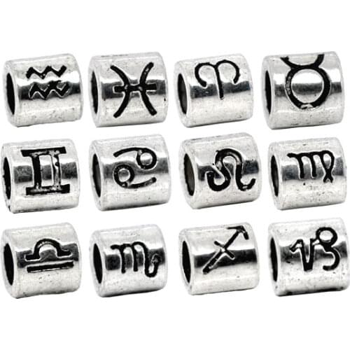 8Seasons Zinc Alloy European Style Large Hole Charm Beads Cylinder Antique Silver Color Constellations Symbol Mixed Carved,36PCs