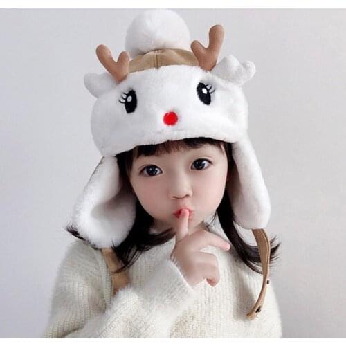 Autumn Winter Cute Kids Girls Antler Pompom Chin Strap Ear Flap Cap Warm Hat
