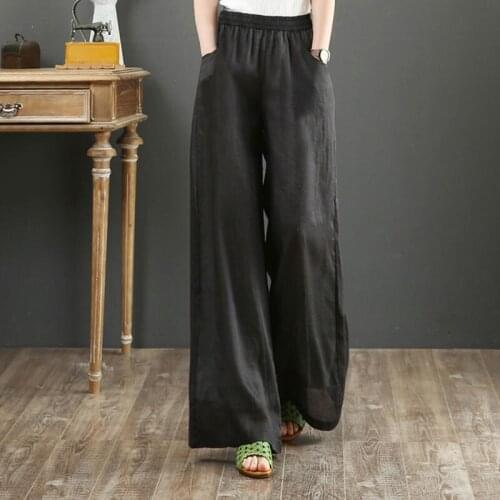 Retro Artistic 2021 New Loose Cotton and Linen Long Pants Large Size Elastic Waist Wide Leg Pants Trousers for Women