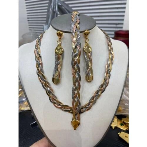 Luxury Colorful Mesh Strap Arabian Dubai Clavicle Jewelry Set Real Gold Plated Jewelry Wedding Ladies Necklace Earring Bracelet