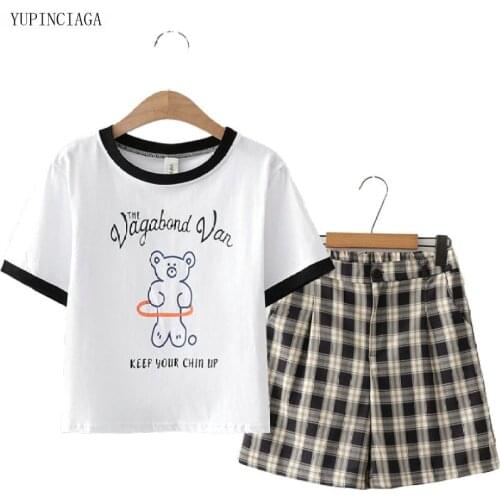Japan Style small fresh two piece Set lattice wide-leg pants +Bear Print Short Sleeve T shirt 2020 Summer Sweet Girl 2 Piece Set