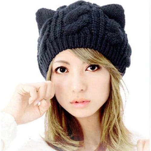 Women Winter Elasticity Knitted Warm Fold Cute Cat Ears Cap Female Wool Acrylic Twist Knit Windproof Black Hat K29
