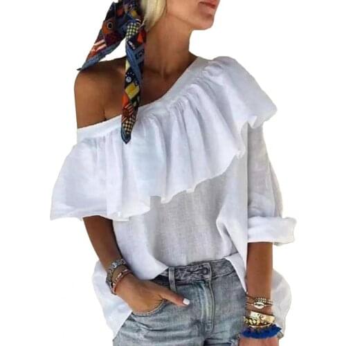 Women Blouses Elegant Off Shoulder Ruffle T-shirt Sexy Elegant Oblique Shoulder Top 2021 Spring Fashion Casual Party Club Shirts