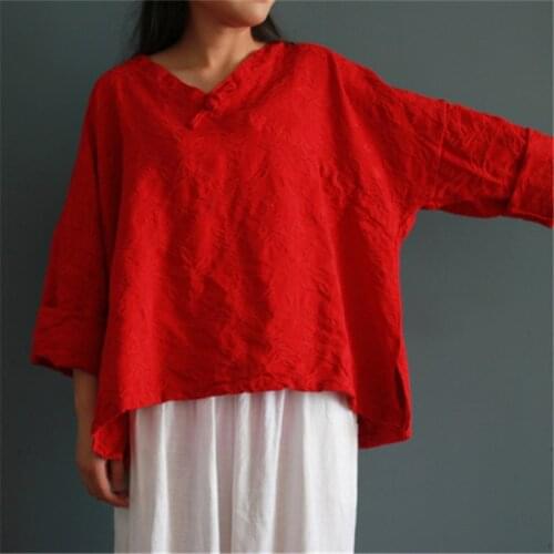 Johnature Women Shirts Vintage Blouses V-Neck Loose 2021 Autumn New Button Embroidery Floral Warm Seven Sleeve Chinese Style Top