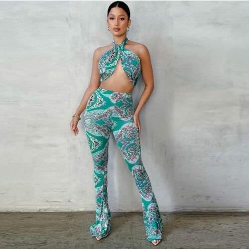 Exy Two Piece Set Vacation Summer Outfits for Women 2021 Bandana Paisley Print Flare Pants Halter Top