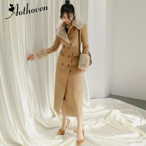 Autumn Winter High Quality Long Jacket 2020 Women Khaki Vintage Female Elegant Fur Collar Woolen Long Coat Outwear Warm Coats