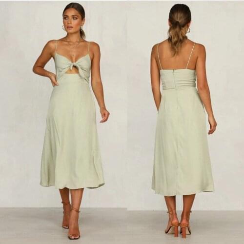 Womens Summer Sling Dress Sexy Temperament Mid-length Dress Halter Solid Lady Dress New