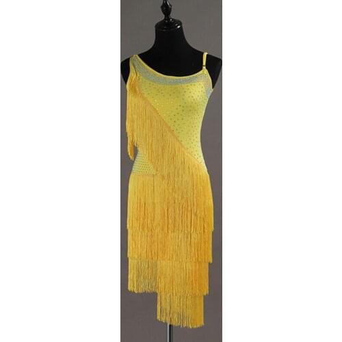 Latin Competition Dress For Women Yellow Fringe Dress With Diamond Flamengo Rumba Salsa Dress Falda Flecos Latin Dress VDB406