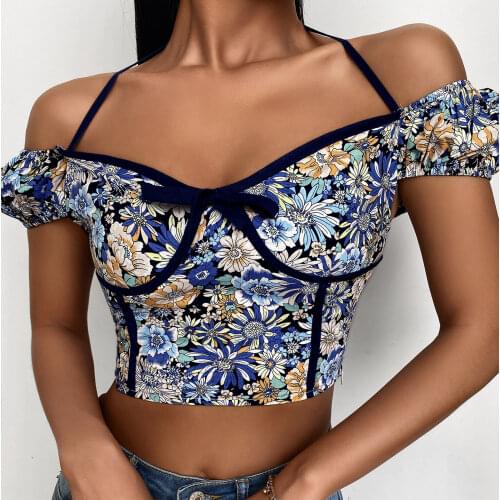 2021 Women Summer Crop Tops Party Flower/ Plaid Print Boat Neck Short Sleeve Shirts Off Shoulder T shirts Streetwear Club Tops