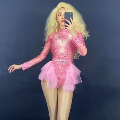 Sparkly Rhinestones Pink Lace Bodysuit Women Party Outfit Dance Costume Sexy men stage jumpsuit