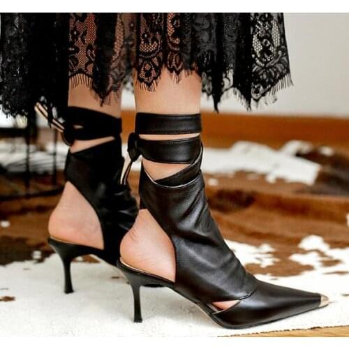 Spring Woman White Black Brown Leather Gold Metal Pointed Toe Ankle Boots Ladies Slingback Cross Lace Up Short Boots Size 44