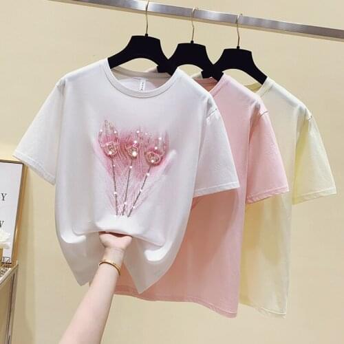 Heavy Beading Cotton Tshirts Women Loose Half Sleeve O-Neck Office Lady T-Shirts Fashion Casual All Match Female Tees Top