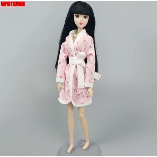 Pink Heart Love Bathrobe For Barbie Dolls Robe Bathroom Suit Winter Pajama Wear Sleeping Casual Clothes Accessories 1/6 BJD Toy