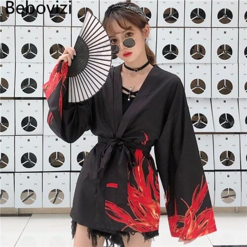Bebovizi Japanese Style Flaming Phenix Print Cardigan Kimono Harajuku Women Men Sexy Yukata Female Streetwear Traditional Haori