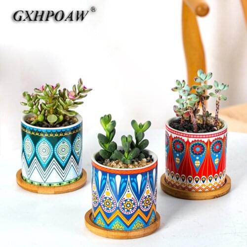 Mandala Style Ceramic Flowerpot Round Design Flower Pattern Flower Pots Mini Fine Small Potted Plants Home Decoration Ornaments
