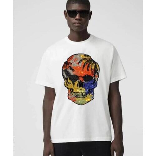 Men T-shirt 2021 Summer Skulls Rhinestones T Shirt Men Brand Short Sleeve Fashion Man Streetwear O Neck Hot drill Cotton Tshirt