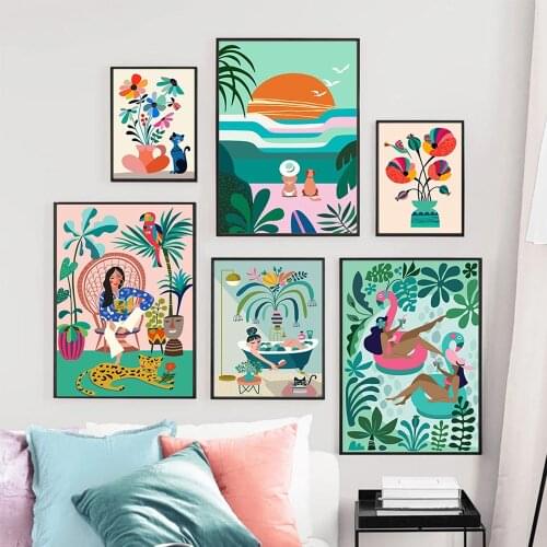 Boho Abstract Tropical Plants Cat Girl Wall Art Canvas Painting Nordic Posters And Prints Pictures For Living Room Home Decor