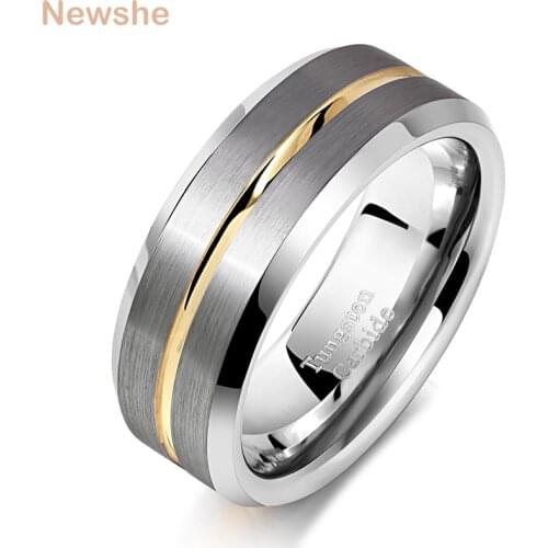 Newshe Mens Charm Wedding Band Tungsten Carbide Rings For Men Groove Ring Yellow Line 8mm Size 9-13 Fashionable Jewelry TRX045